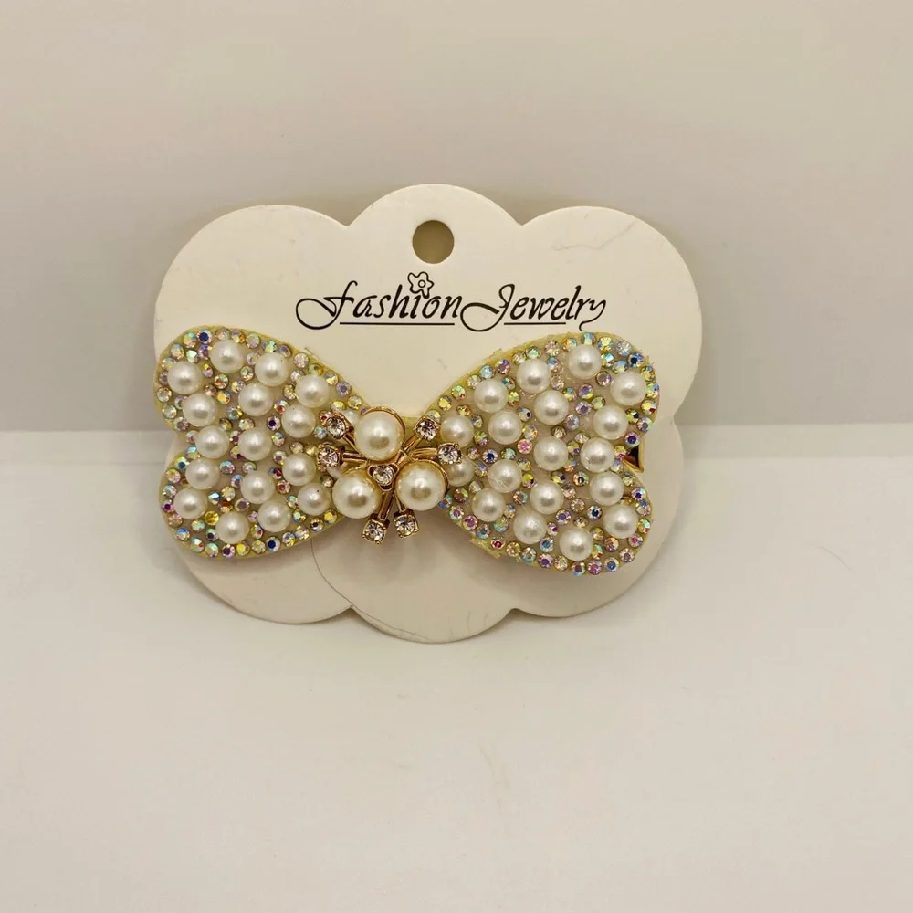 Hair Barrette Bow faux pearl crystals iridescent